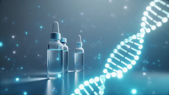 クリーンなラボ空間で青く光るDNA二重螺旋とガラスアンプルの先端医療・製薬・ヘルスケア用背景素材