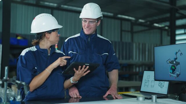Male and female corporate engineers discussing manufacturing strategy