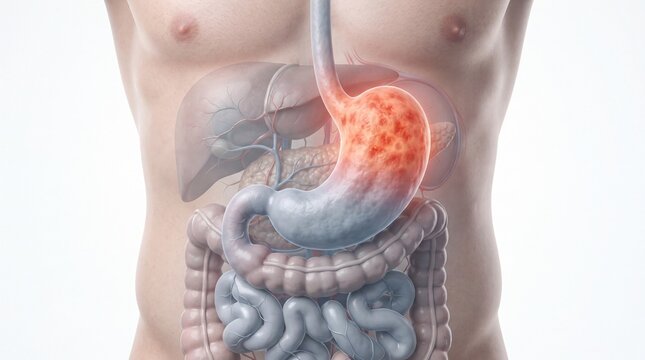 Human Digestive System Anatomy Showing Stomach Inflammation and Gastrointestinal Health