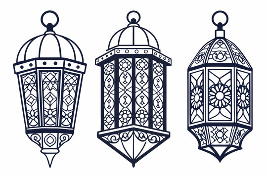 Decorative ramadan lantern vector graphic set featuring ornate geometric patterns and traditional islamic art style silhouettes on white background elements