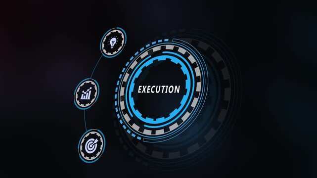 Digital tech HUD circular interface showing execution heading with strategic business icons dartboard idea chart display.