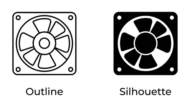 Fan Outline and Silhouette: Two computer fan icons are presented side-by-side, one in a clean outline style and the other as a solid black silhouette.