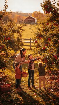 Happy mother and children picking apples in a sunny orchard.