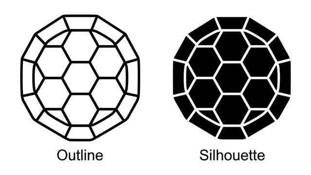 Buckminsterfullerene C60 Molecule Outline and Silhouette: A visual representation of the Buckminsterfullerene C60 molecule, shown as both an outline and a silhouette.