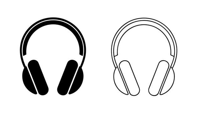 Headphones vector icon set in minimalist black line art and solid glyph style for music audio or customer support design
