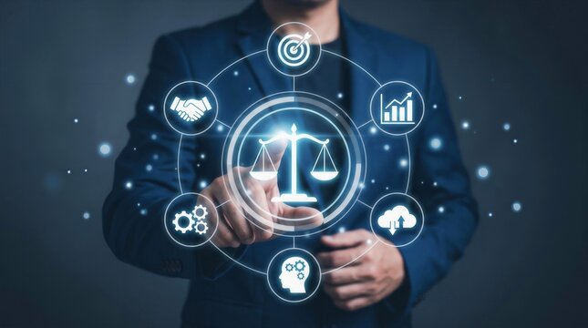 Corporate Compliance Professional Touching Digital Legal Scale and Business Management Icons Network