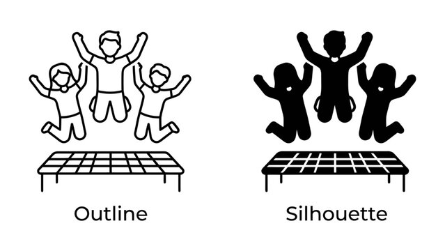 Jumping Joy: Outline and Silhouette illustration of people joyfully jumping on a trampoline, conveying exhilaration and freedom.