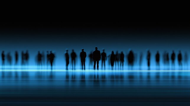 Abstract illustration of silhouetted figures standing on a glowing blue digital surface, representing connection, data flow, and modern communication in a futuristic environment