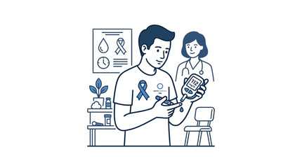 Fototapeta premium Man with diabetes checks blood sugar with glucose meter doctor in background medical concept isolated