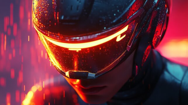 High tech racing helmet on anonymous biker with reflective visor neon light drops and dramatic shadows futuristic motorsport protection speed adrenaline urban cyberpunk style night portrait view scene