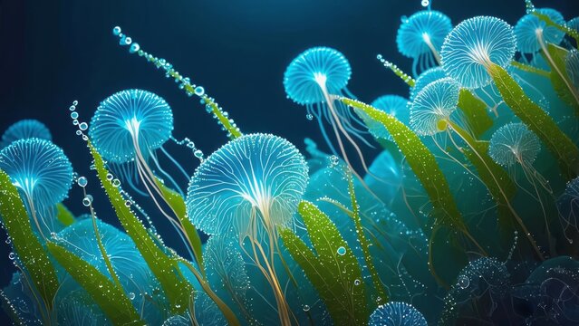 Microscopic botanical seed heads glowing on slender stems with dreamy bokeh and shallow depth creating macro nature scene for plant biology ecology growth science and organic abstract video loop scene