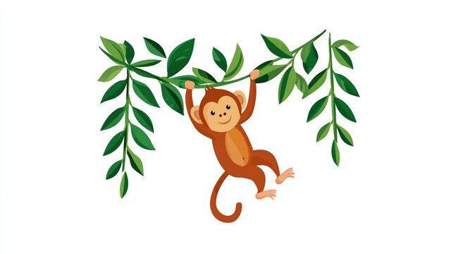 Cheerful Monkey Hanging from Lush Green Vine in Flat Vector Art