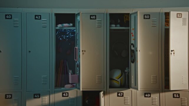 Modern School Corridor Featuring Organized Rows of Student Lockers with Several Doors Left Open, Showcasing Clean and Functional Educational Environment. Education, Institution, and School Facility.