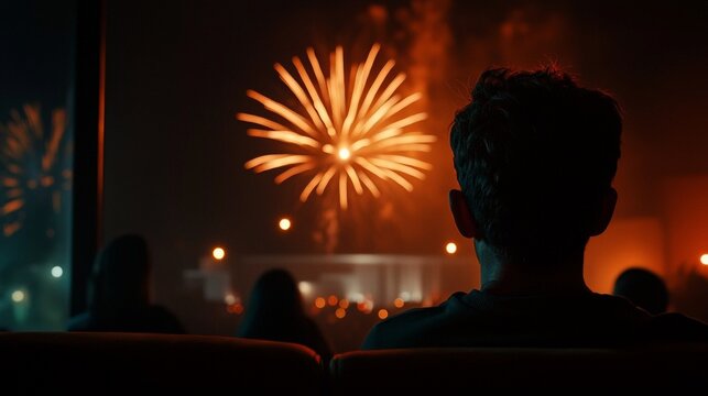 Silhouetted person watching fireworks display at night.