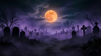 Fototapeta premium Spooky Halloween graveyard background with a full moon and misty purple night sky.