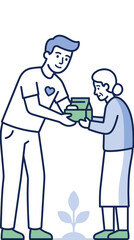 Obraz premium Volunteer giving food box to elderly woman community support charity donation help concept isolated on transparent background