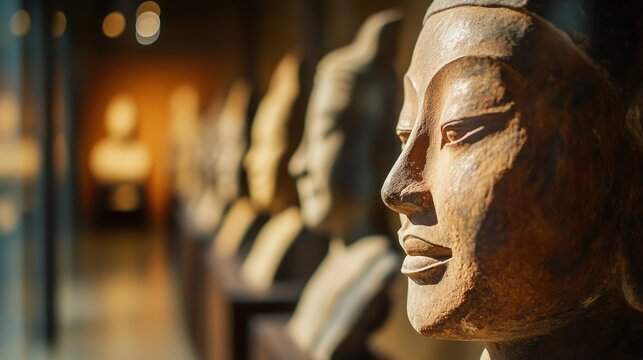 Ancient terracotta statue faces displayed in museum gallery warm light and shallow focus showing historical art archaeology cultural heritage sculpture exhibition and classical civilization collection