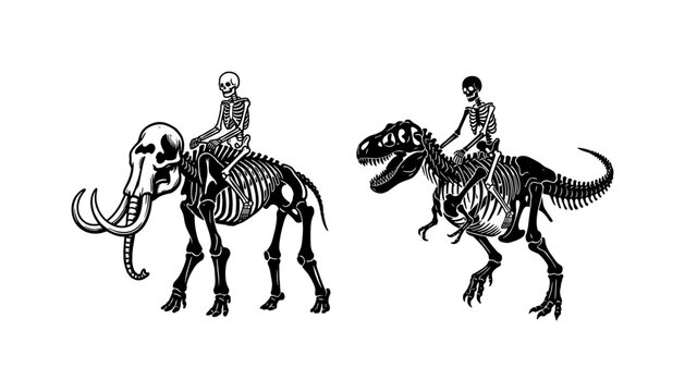 Human skeleton riding mammoth and dinosaur fossils vector illustration set for Halloween, vintage graphic design, and dark art