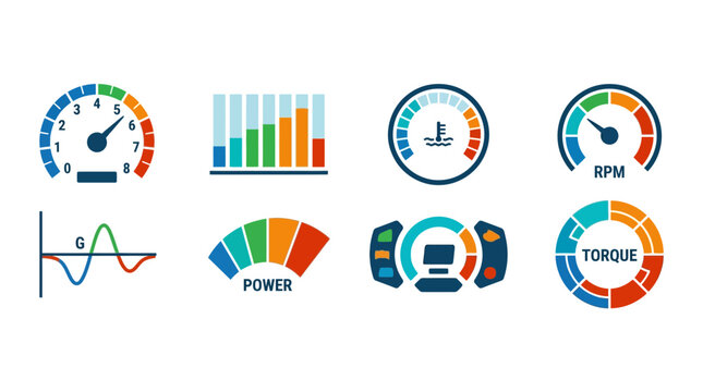 A collection of colorful digital dashboard gauges and data charts