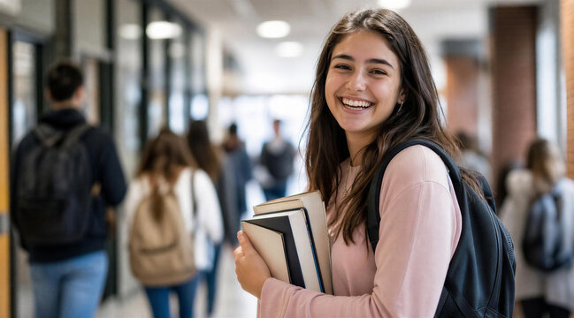 Happy College Student with Backpack and Books in Campus Hallway
