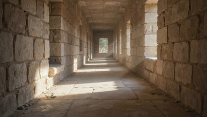 Fototapeta premium A long stone corridor with arched windows, weathered masonry walls, and soft sunlight streaming through, creating deep shadows in an old building