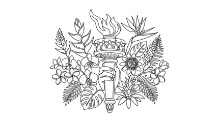 Fototapeta premium Continuous Line Art of Hand Holding Flaming Torch Surrounded by Tropical Flowers