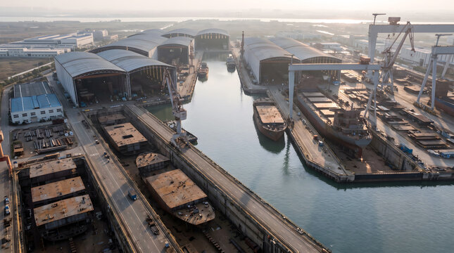 Aerial view of a large shipbuilding industrial complex with dry docks, cargo ships under construction, and tall gantry cranes at sunset