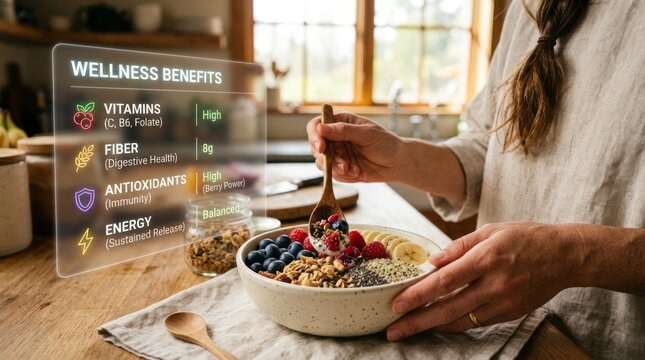 Woman eating healthy breakfast bowl with holographic wellness benefits vitamins antioxidants fiber and energy labels in bright kitchen lifestyle nutrition self care diet planning and balanced morning