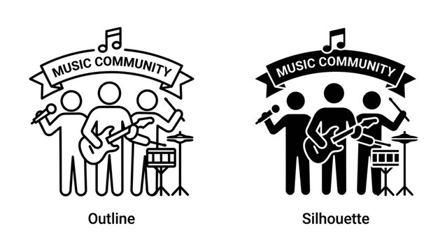 Music Community Icons: Two stylized icons representing a music community, one in outline and the other in silhouette, showcasing a band with a singer, guitarist, and drummer.