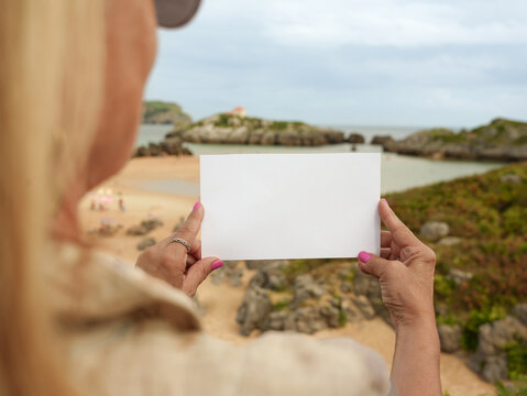 Blank Sign at Beach with Person and Copy Space