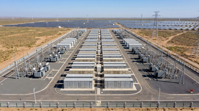 Aerial view of a large-scale battery energy storage facility with rows of grey containers, electrical transformers, and a solar farm in the background