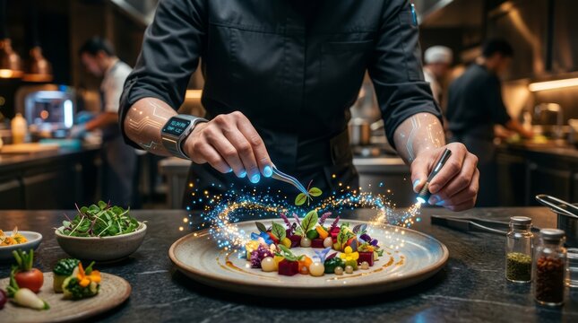 Close up of chef hands plating nano banana dessert with glowing futuristic gastronomy tools luxury restaurant presentation molecular cuisine creative food art and high tech culinary innovation concept