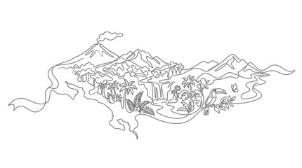 Obraz premium Single line art drawing of tropical jungle landscape with volcano and waterfall