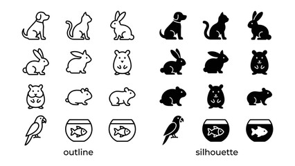 Fototapeta premium Various Pet Icons in Outline and Silhouette Styles: A collection of simple, stylized icons representing different domestic animals like dogs, cats, rabbits, hamsters, and parrots.
