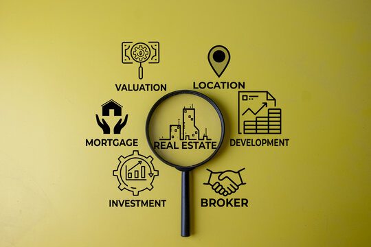 A magnifying glass focusing on Real Estate text and building icon, surrounded by valuation, mortgage, and investment graphic icons on a yellow background. Concept of property market research.