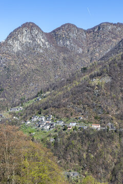 Swiss Alps mountains in canton Ticino village of Mosogno in Onsernone Valley, Switzerland
