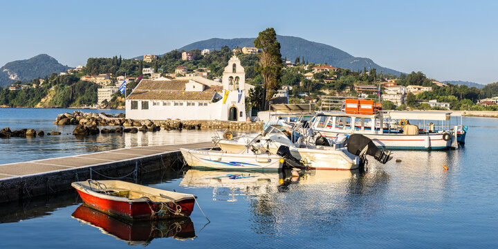 Corfu island Vlacherna monastery church panoramic view in Mediterranean Sea on Corfu in Greece