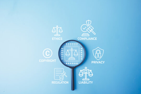 Magnifying glass focusing on a digital AI microchip and justice scale icon, surrounded by ethics, compliance, and privacy graphics on a blue background. Concept of tech law and regulation.