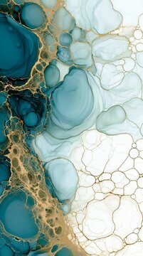 Ink marbling fills the space with teal and gold colors as it spreads and creates organic shapes in a slow and flowing manner.