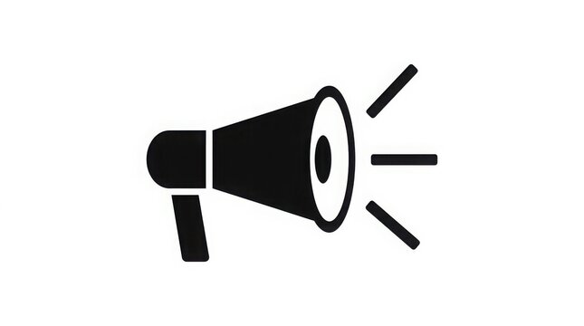 Black megaphone with sound waves, flat on a white background, loudspeaker audio communication