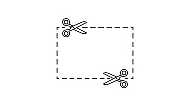 Black outline scissors cutting along a rectangular dashed line on a white background