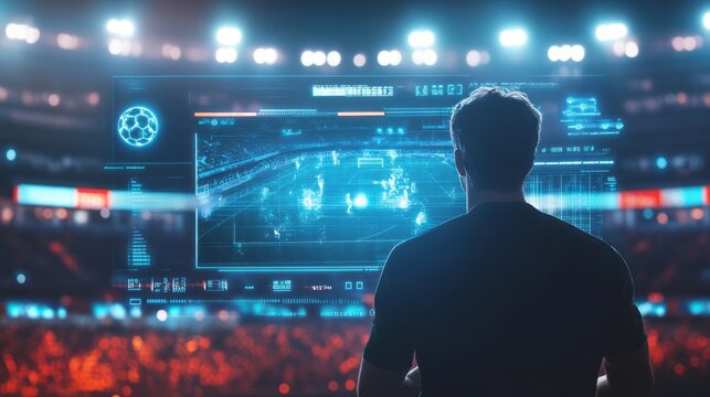 Modern soccer technology control room with analyst silhouette watching digital match data on stadium screen showing sports analytics broadcast strategy championship atmosphere professional workflow