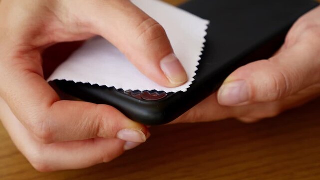 Female hands cleaning smartphone camera lenses with microfiber cloth to remove fingerprints and dust for clear photos and better image quality