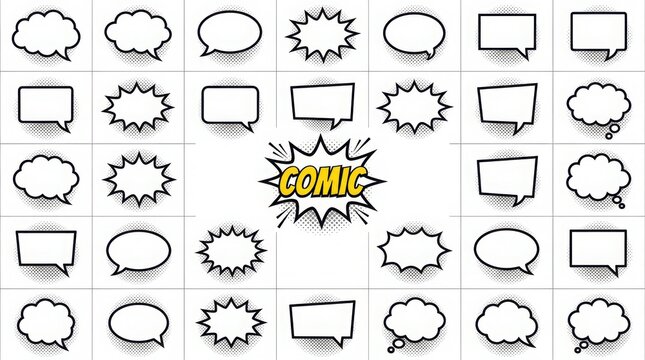 Collection of comic book speech bubbles, thought clouds, and explosive action bursts