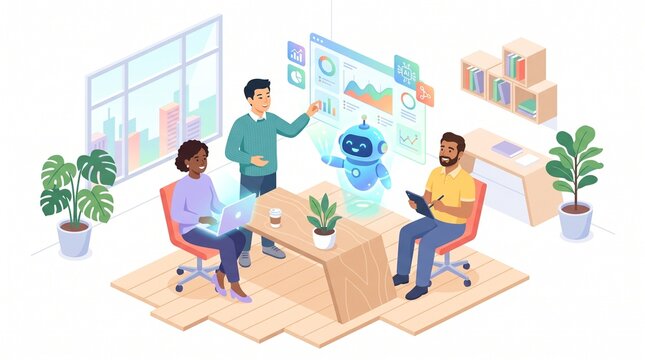 Business team collaborating with AI bot assistant