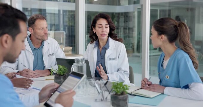 Medical, team or laptop in clinic meeting for case review, clinical protocols or discharge plan. People, doctors and nurses with tech for shift handover, task delegation or notes on care coordination