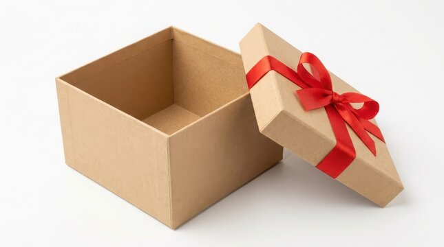 Open square cardboard gift box with a red ribbon bow on the lid, isolated on white background