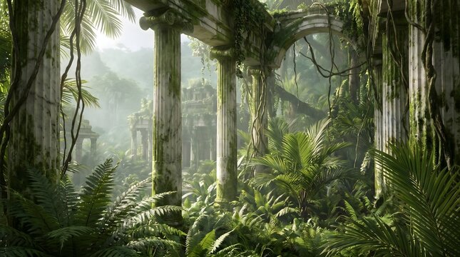Ancient Classical Stone Ruins Overgrown by Tropical Jungle Foliage and Mist