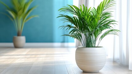 Fototapeta premium Modern indoor potted palm plant in a stylish white ceramic container on a wooden floor with a colorful background, ideal for home decor or botanical concepts
