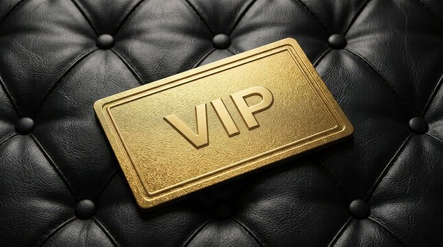 Gold vip card resting on a black tufted leather surface with button detailing metallic